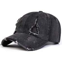 1Piece Men Vintage Edge Holes Denim Baseball Cap Outdoor Adjustable Sunscreen Leisure Hat Spring Autumn Travel Tourism Beach Vacation - 深灰色 - 查看 1