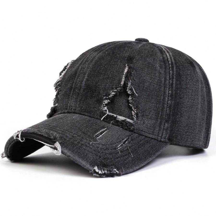 1Piece Men Vintage Edge Holes Denim Baseball Cap Outdoor Adjustable Sunscreen Leisure Hat Spring Autumn Travel Tourism Beach Vacation - 深灰色 - 查看 1