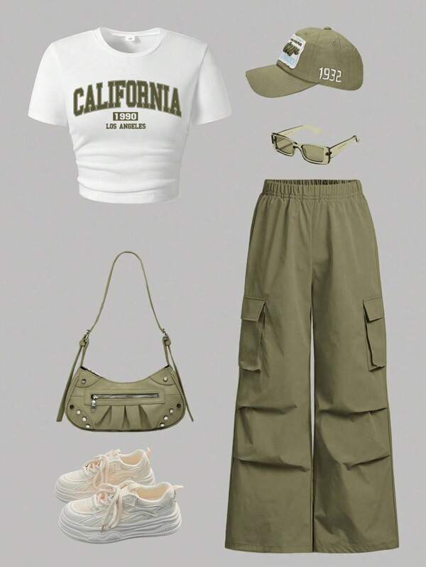 Tween Girls Summer Letter Print Short Sleeve Top And Cargo Pants Set