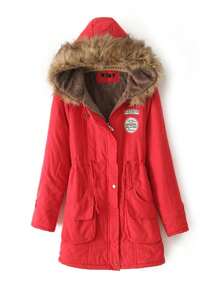 Abrigo de polar de algodón con capucha y cordón para mujer, chaquetas para mujer - Rojo - Ver 2