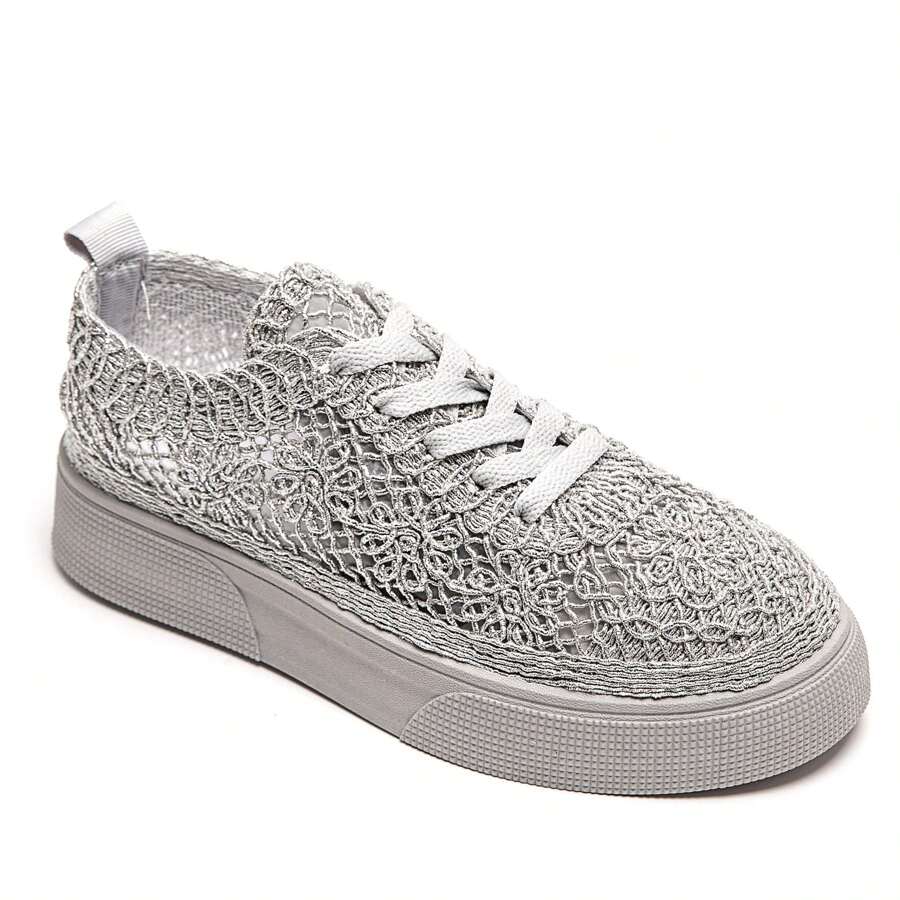 Low-Top Lace-Up Sneakers With Openwork Upper And Platform Sole - Grey - View 1