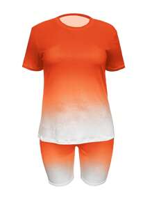A Set Of Two Women'S Plus-Size Casual Polyester Gradient Printed Short-Sleeve Round-Neck Tops And Shorts, Made From Knitted Fabric, Featuring A Standard Fit Without A Belt, Perfect For Spring And Summer Collection. - Gradient Orange - View 2