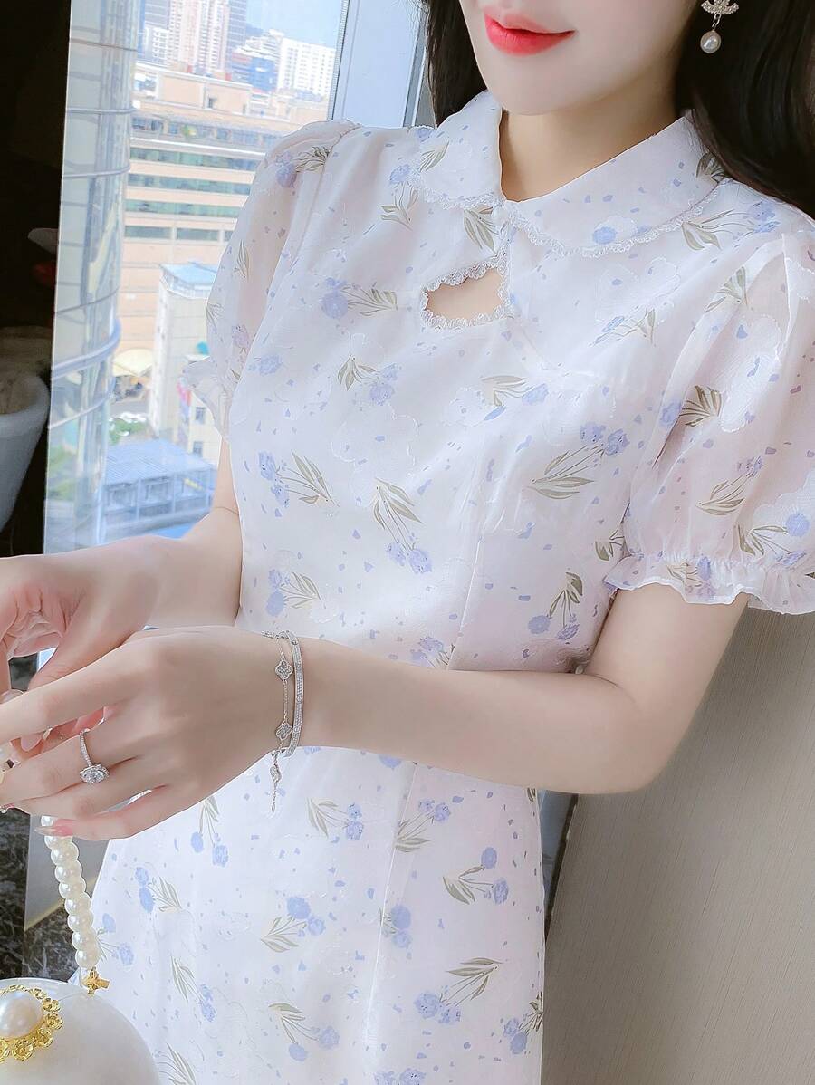 RUIWY 女式中国风雪纺修身迷你连衣裙，荷叶边领短袖，可爱女人味，春夏 - 白色 - 查看 1