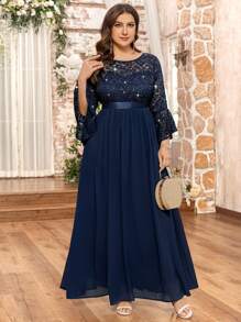 Gaun Panjang Formal Pesta Malam, Gaun Tamu Pernikahan, Gaun Ulang Tahun, Wisuda, Gaun Pesta Malam Formal Elegan dengan Lengan Mengembang Berhiaskan Payet Bunga dan Renda, Bahan Chiffon dengan Hem Berkerut - Navy Blue - View 7