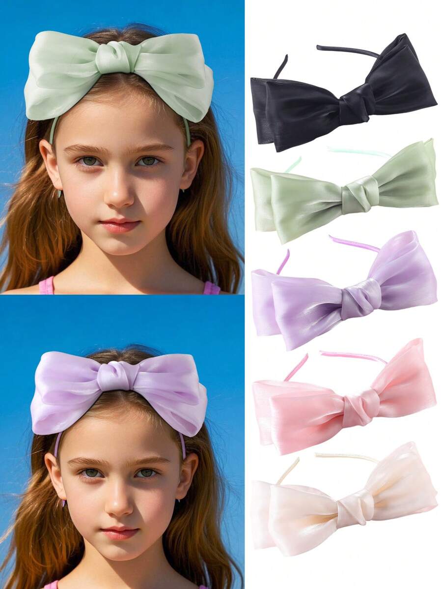 1/5 Pcs Girls Luxury Silky Big Bow Headband, New Fashion Lovely Bright Ribbon Bowknot Hairband Hair Accessories For Parties And Daily Use - Multicolor - View 1