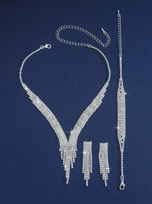 4-Piece Women's Elegant Jewelry Set, Featuring A V-Shaped Design With Sparkling White Rhinestone Necklace And Earrings, Suitable For Wearing Jewelry Gifts At Banquets, Parties, And Weddings