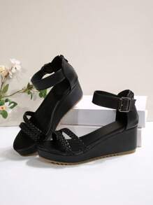 Sandalias de cuña con correa de tobillo y hebilla, sandalias negras de moda para mujer
