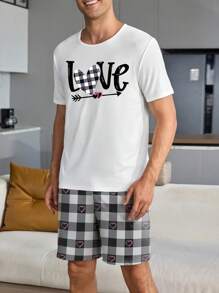 Set de lenjerie de dormit cu mâneci scurte cu imprimeu cu săgeată, cu literă, cu inimă, pentru bărbați, țesătură subțire de vară