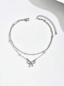 1pc Fashion Double-Layer Butterfly Stainless Steel Anklet, Elegant Sweet Sexy Foot Jewelry For Women, Beach Resort Accessories - Silver - View 14