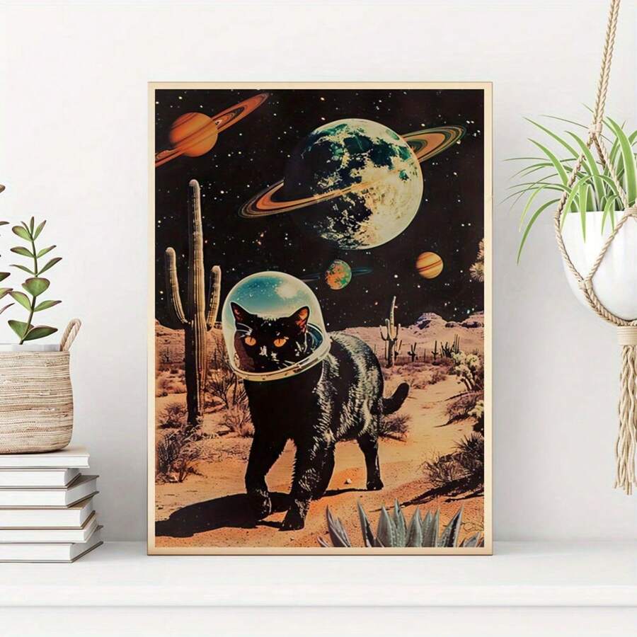 【复古太空宇航员海报】复古太空宇航员与黑猫帆布艺术印刷品，现代复古风格动物主题装饰艺术海报，可选画框，喷墨印刷，适用于客厅、卧室、家庭办公室、浴室、厨房等空间，室内/室外四季皆宜，带框墙面装饰 - 彩色 - 查看 1