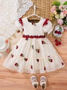 2025 Spring Summer New Princess Style Young Girl Cute Puff Sleeve Cherry Embroidery Delicate Princess Dress - Apricot - View 2