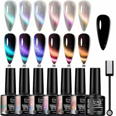 8pcs Cat Eye Gel Nail Polish Magic 9D Magnetic Gel Nail Polish Set, Includes Magnetic Stick And Soak-Off Nail Polish Nails