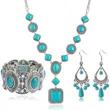 1set Retro Turquoise Beaded Sweater Chain, Necklace, Earrings And Bracelet Jewelry Set, Suitable For Women Daily Wear