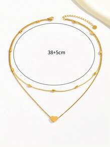 1pc Fashionable Double Layer Heart Shaped Stainless Steel Necklace, Women's Simple Work Accessory Valentines - Yellow Gold - View 7