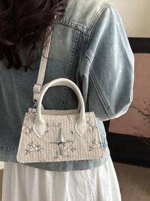 2025 新款跨境别致草编蕾丝女士沙滩包，艺术小方形手提包，单肩包和斜挎包 - 白色 - 查看 3