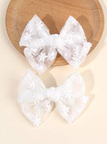 2pcs Girls Mesh Bow Hair Clips, Solid White Hair Bows For Girls, Elegant Flower Hairpins, For Daily And Holiday, Hair Accessories