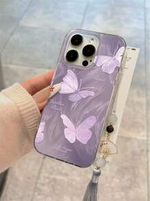 New Gradient PC+TPU Butterfly Pattern Electroplated Anti-Fall Phone Case With Decorative Beaded Tassel Fan Pendant, Compatible With Apple 16/16 Pro/16 Pro Max, Compatible With Redmi, 14 Pro - Multicolor - View 4