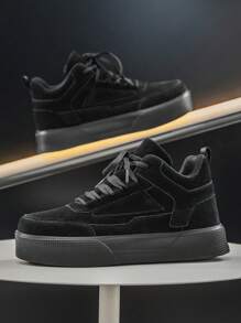 New Simple Lace-Up Flat Sneakers For Men, Solid Color Round Toe Outdoor Casual Skateboarding Shoes, Height Increase - Black - View 3