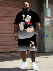 动漫人物渐变色优质格子运动套装 - 涤纶针织面料，圆领设计，抽绳短裤，口袋细节，常规款式，适合大码