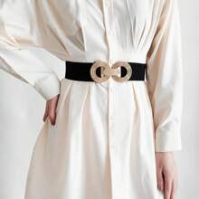 1pc 2025 New Coffee-Colored Women's Fashion Elastic Waistband Wide Double Buckle Belt, Tight Fit Versatile Accessory For Beach, Boho, Party, Cute, Sexy, Elegant - Multicolor - View 2