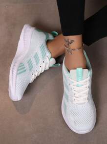 Women's Lightweight, Breathable, Shock-Absorbing, Thick-Soled, Mesh Knitted Low-Top Lace-Up Flat Casual Sneakers. Suitable For Students, Mothers, Etc. Ideal For Spring/Summer Travel, Military Training, Daily Walking. Mesh Material Women Casual Sports Shoes. - Mint Green - View 4