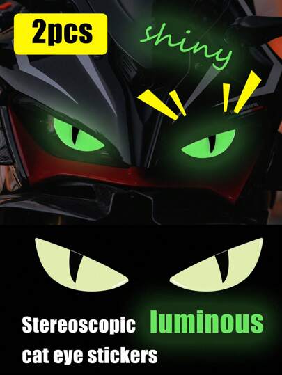 2 PIEZAS Pegatinas de ojos de gato que brillan en la oscuridad en 3D - Vinilos autoadhesivos para la personalización de faros de motocicleta y automóvil | Accesorios para motocicletas, accesorios para automóviles, estilo automotriz, pegatinas fluorescentes, calcomanías universales para vehículos, equipo para conducir de noche