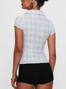 Women's Y2K Plaid Shirt Button-Up Short Sleeve Collared Slim Fit Casual Summer Blouse Tops - 藍色 - 查看 4