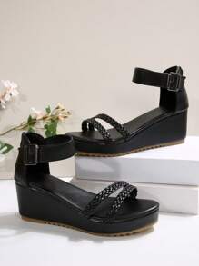 Sandalias de cuña con correa de tobillo y hebilla, sandalias negras de moda para mujer