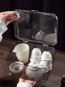 1pc Tea Storage Box With Cover, Transparent Dust-Proof Tea Table Tea Leaves Teacup Organizer, Tea Set Holder