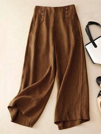 Kvinnors enfärgade främre knapp Casual långbyxor, dagligt slitage