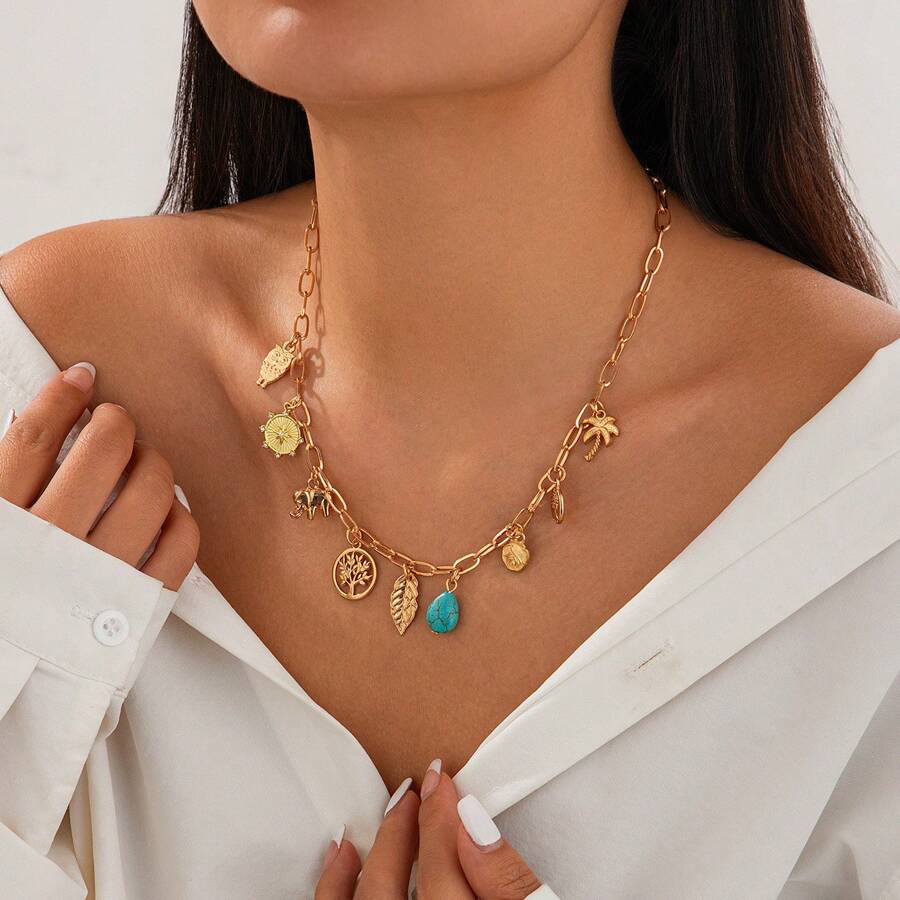 欧美风格时尚太阳项链女款几何金属心形吊坠锁骨链 - 樹葉 - 查看 1