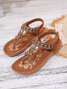 Sandalias planas de playa con espaldar hueco y strass, estilo bohemio, cómodas, para mujer talla grande, verano - Bronce - Ver 2