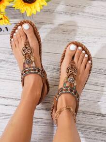 Sandalias planas de playa con espaldar hueco y strass, estilo bohemio, cómodas, para mujer talla grande, verano - Bronce - Ver 8