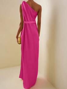 Women's Side Slit One-Shoulder Long Evening Dress With Belt - Hot Pink - View 4