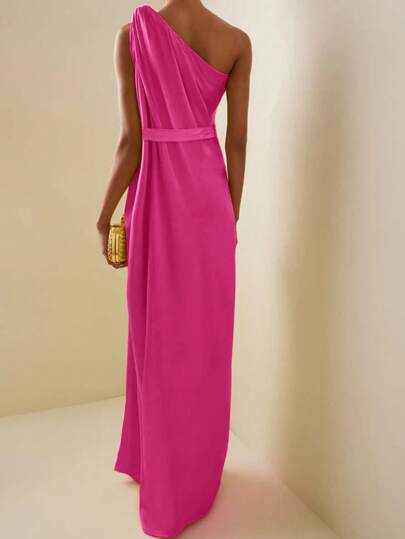 Women's Side Slit One-Shoulder Elongated Evening Dresses Have Belts