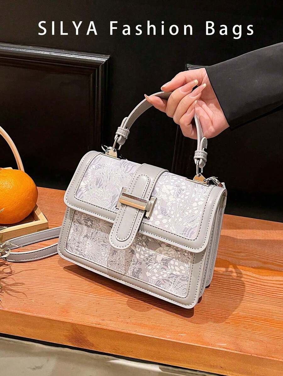Classic Floral Print Women's Small Square Handbag - Grey - View 1