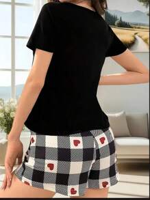 Tricou cu mânecă scurtă de vară pentru femei, cu imprimeu de inimă și litere, pantaloni scurți cu imprimeu în carouri, costum de acasă asortat pentru cupluri