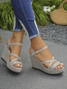 2026 New Women's Rivet Decor Sandals, Bohemian Style Fashion Wedge Heels, Summer Open Toe Slip-On High Heel Shoes, Suitable For Party, Date, Wedding And Many Occasions, - Light Grey - View 5