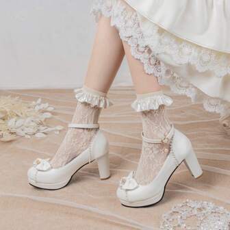 女式洛丽塔高跟鞋厚底珍珠蕾丝蝴蝶结镂空性感粗跟高跟鞋
