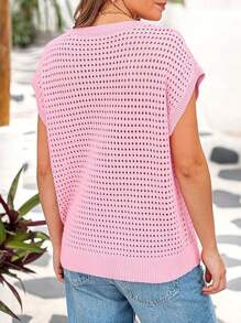 Womens Spring Tops 2025 Summer Shirts Crochet Cap Sleeve Sweater Pullover Cute Crew Neck Hollow Out Beach Cover Ups - Hồng - Xem 6