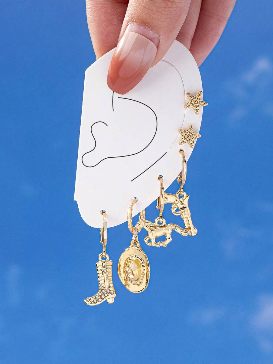 6件套西部风格耳环套装，包括牛仔靴、牛仔帽吊坠耳环和简约星星耳钉，西部珠宝 - 金色 - 查看 1