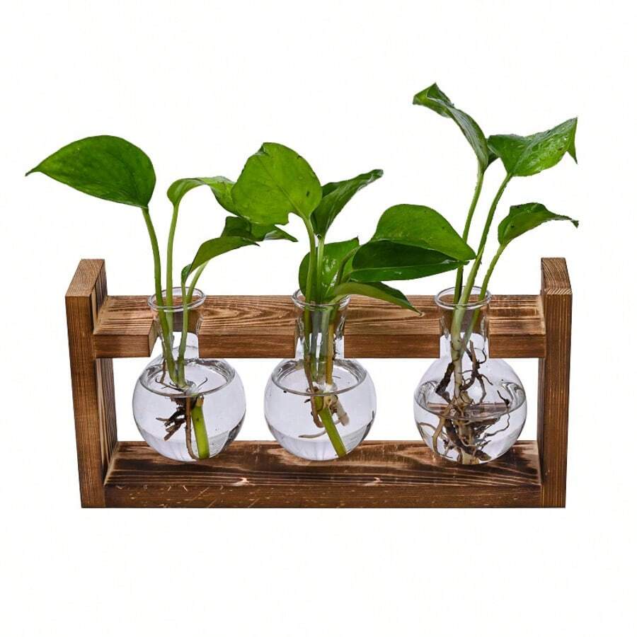 Recipiente de vidrio para plantas hidropónicas, jarrón en forma de corazón con soporte de madera, jarrón para flores con soporte de madera maciza vintage, adecuado para decoración de cocina casera, jardín interior, mesas de boda y comedor, transparente.
