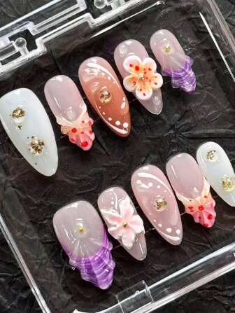 10 件杏仁形 3D 浮雕金箔波浪点美甲贴纸，欧式风格，附带 1 个果冻指甲胶和 1 个迷你指甲锉，可重复使用，适用于日常、工作、学校、约会、派对、舞会等。按压指甲美甲用品