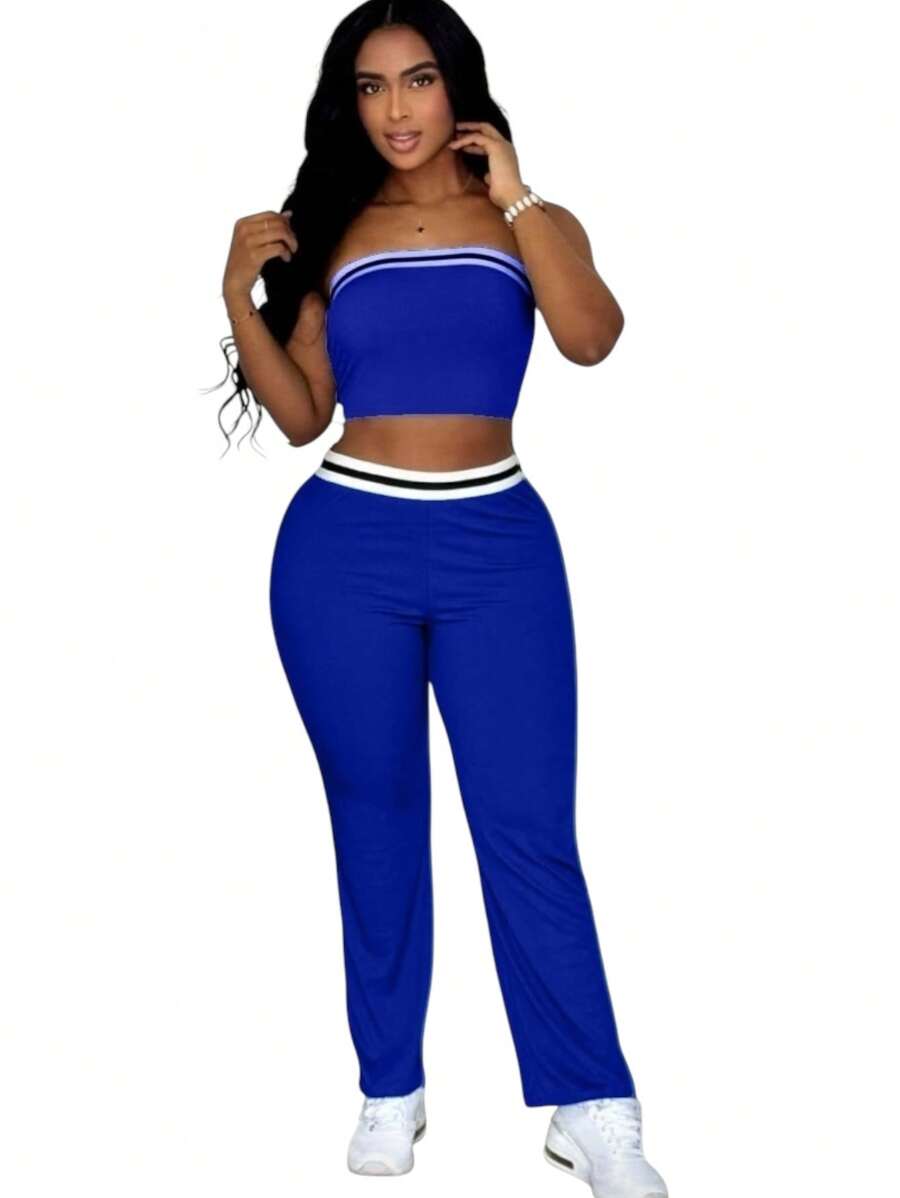 Straight Pants And Strapless Top Set - Royal Blue - View 1