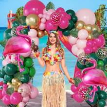Set de 140 piezas para arco y guirnalda de globos con diseño tropical de flamencos, con globos de látex en color rosa intenso, verde oscuro y rosa claro, además de globos de papel de aluminio con diseño de flamencos, para decoración de fiesta de cumpleaños de playa, estilo hawaiano o luau de verano
