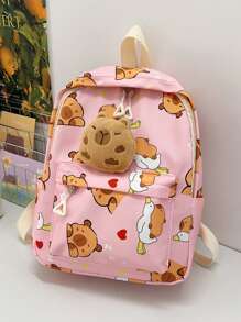 Cartoon Fashion Kids Backpack, Cute Casual Lightweight Outdoor Bag With Capybara Print