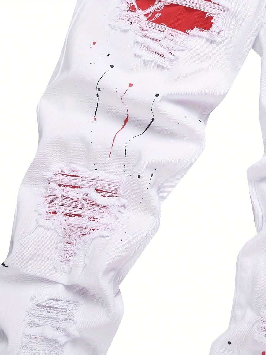 Jeans Stretch Holes Embroidered White Stretch Slim Shape Machine Washable Hand Wash-2025