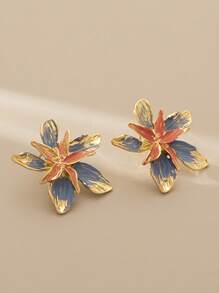 2Pairs Retro Handpainted Asymmetric Flower Clip-On Earrings For Women, Elegant Exaggerated Enamel Mosquito Coil Plate Non-Piercing Earrings - Gold - View 8
