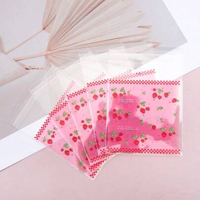 50pcs Cute Sweet Pink Strawberry Pattern Self-Sealing OPP Bags, Suitable For Jewelry, Decor, Gift Packaging & Storage