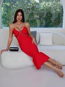 Bernatova Fashion Ladies Spaghetti Strap Rhinestone Red Long Sexy Women Midi Evening Dresses Elegant For RedCarpet, Birthday, Wedding Guest, Cocktail Party - Red - View 6